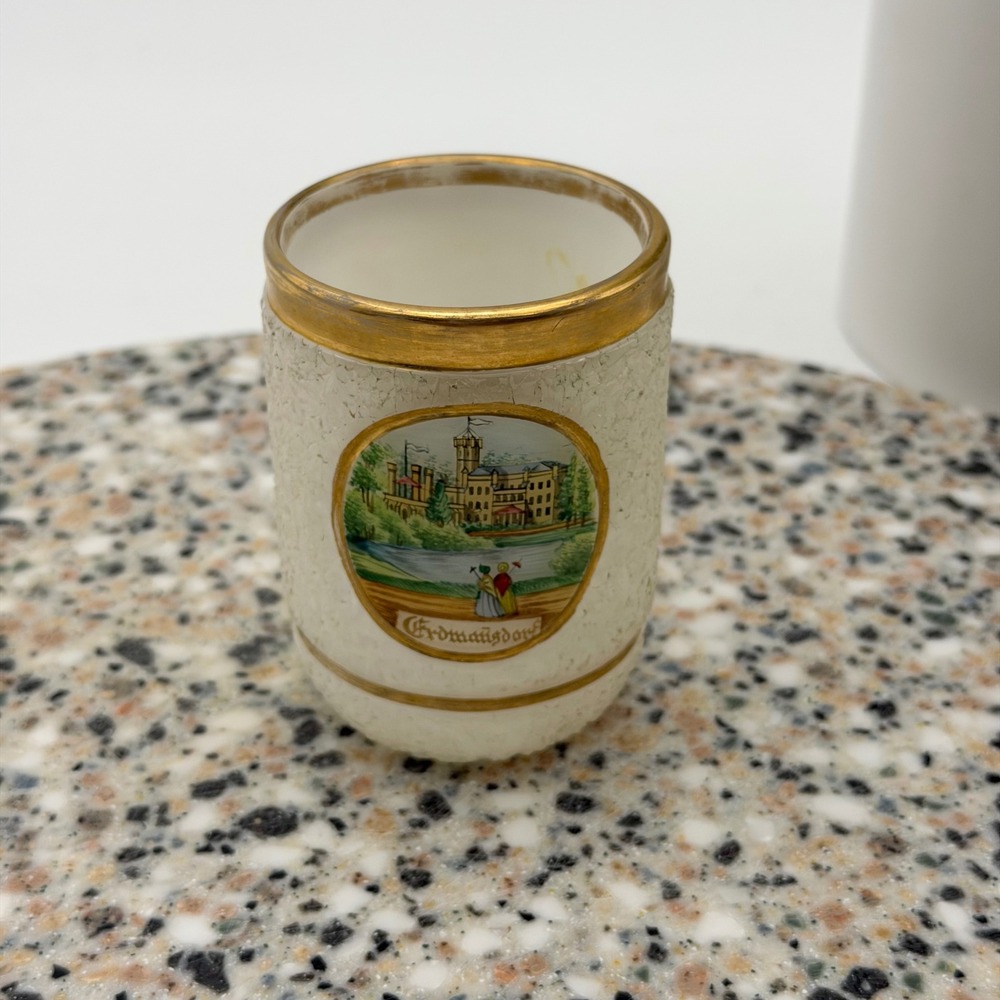 Vintage Erdmannsdorf Overshot Glass Souvenir Cup Gold Trim Vase
